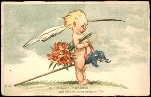 Ansichtskarte  Kinder Künstlerkarte Junge sitzt auf blauen Elefant 1927