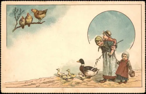 Ansichtskarte  Kinder Künstlerkarte Junge und Mädchen mit Enten 1909