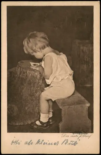 Ansichtskarte  Kinder Künstlerkarte kleines Kind Der erste Brief 1919