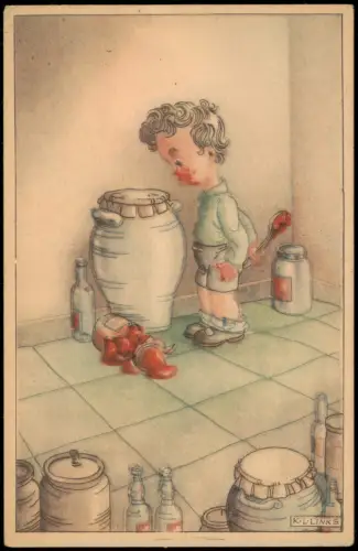 Ansichtskarte  Kinder Künstlerkarte K.L.LINKS Junge am Marmeladentopf 1928