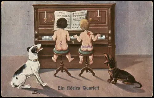 Ansichtskarte  Kinder Künstlerkarte Junge und Mädchen vor Klavier Hunde 1913