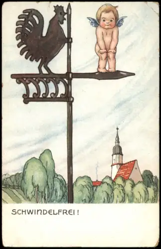 Ansichtskarte  Kinder Künstlerkarte Wetterhahn und Engel Schwindelfrei 1917