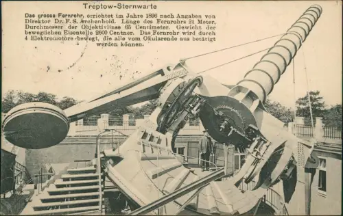 Ansichtskarte Alt-Treptow-Berlin Treptow-Sternwarte - Das große Fernrohr 1913