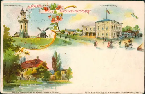 Litho AK Gönnsdorf/Pappritz-Dresden Friedrich August Turm Windmühle Gasthof 1906
