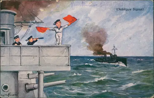Ansichtskarte  Kinder Künstlerkarte Marine Soldaten Wichtiges Signal WK1 1916