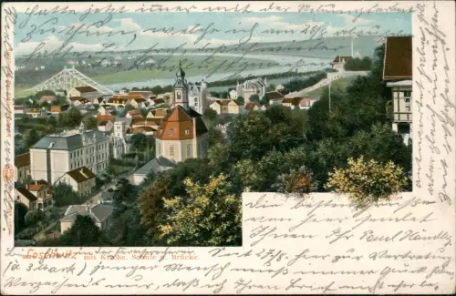 Ansichtskarte Loschwitz-Dresden mit Kirche, Schule und Brücke 1902