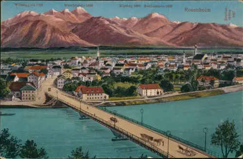 Ansichtskarte Rosenheim Brücke und Stadt - Künstlerkarte 1913