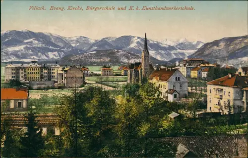 Villach Evang. Kirche, Bürgerschule und K. k. Kunsthandwerkerschule. 1914