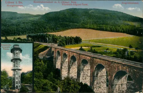 Ansichtskarte Löbau 2 Bild Viadukt Turm Löbauer Berg 1915