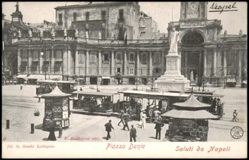 Cartolina Neapel Napoli Piazza Dante, Kiosk und Straßenbahn Tram 1912
