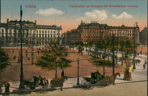 Leipzig Augustusplatz mit Hauptpost und Grimmaischem Steinweg 1914