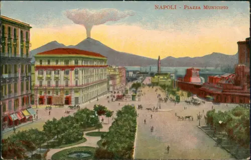Cartolina Neapel Napoli Piazza Municipio - Vesuv 1913