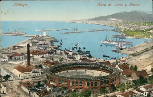 Postale Málaga Plaza de Toros y Puerto 1913
