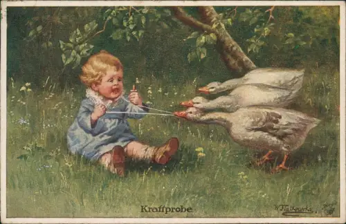 Ansichtskarte  Kinder Künstlerkarte Kraftprobe Mädchen kämpft mit Gans 1919