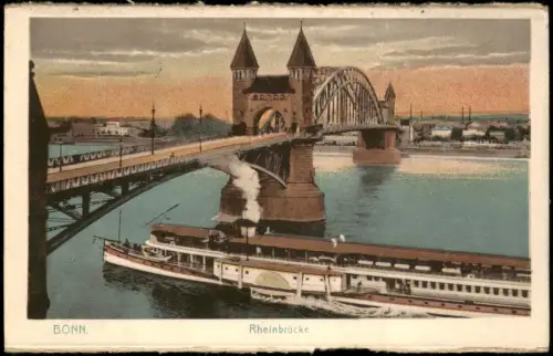 Ansichtskarte Bonn Schiff Rhein Dampfer passiert die Rheinbrücke 1920