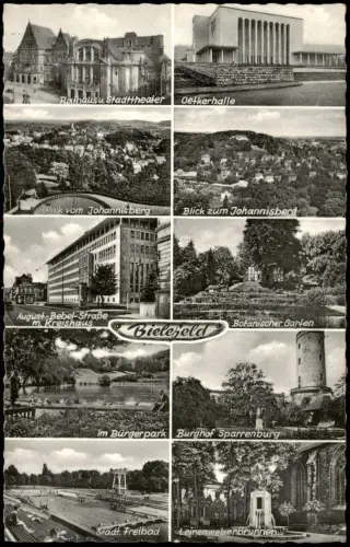 Bielefeld Mehrbild-AK Ortsansichten Freibad, August-Bebel-Str. Kreishaus 1958