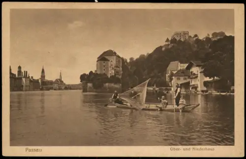 Ansichtskarte Passau Ober- u. Niederhaus Fischer auf der Donau 1928
