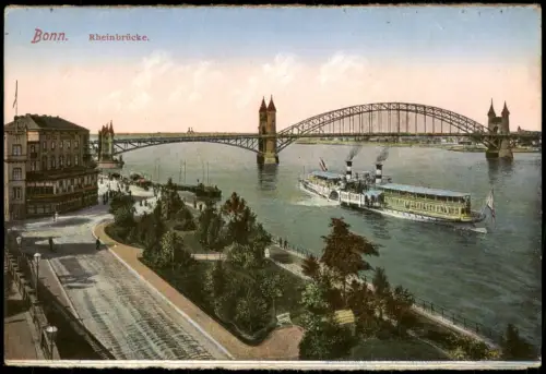 Ansichtskarte Bonn Rhein Schiff passiert Rheinbrücke 1910