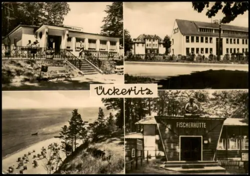 Ückeritz (Usedom) DDR Mehrbild-AK u.a. Fischerhütte, Tanzbar, Oberschule  1970