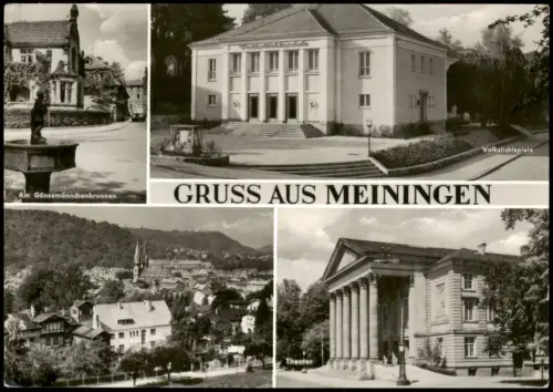 Meiningen DDR Mehrbild-AK u.a. mit Gänsemännchenbrunnen, Theater 1973