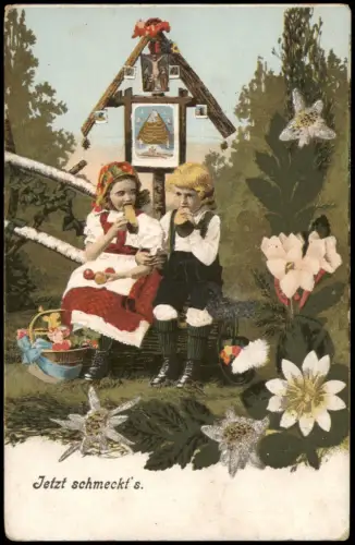 Kinder Künstlerkarte Junge und Mädchen rasten am Jesuskreuz 1912