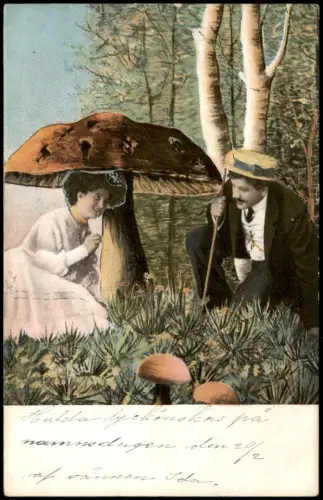 Liebe Liebespaare - Love Frau unter Fliegenpilz Künstlerkarte 1912