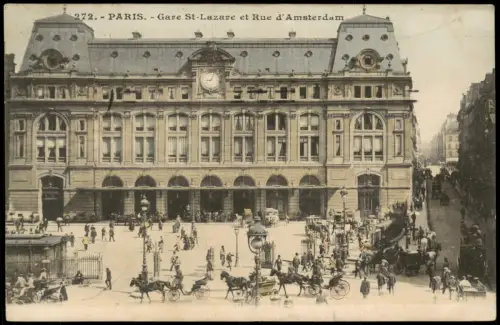 CPA Paris Gare St-Lazare et Rue d'Amsterdam 1909