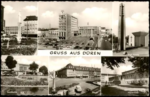Ansichtskarte Düren MB: Stadtbad Kirche Stadthalle uvm 1963