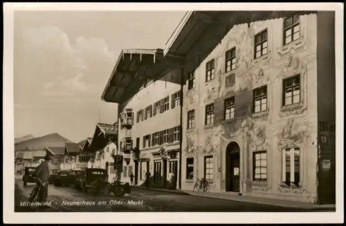 Ansichtskarte Mittenwald Neunerhaus am Ober-Markt, Autos 1938