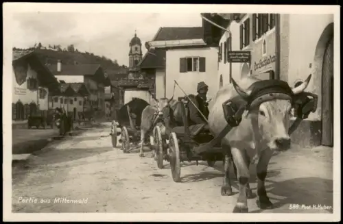 Ansichtskarte Mittenwald Straßenpartie Ochsenfuhrwerk 1931