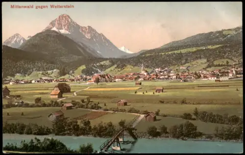 Ansichtskarte Mittenwald Fernblick auf die Stadt gegen Wetterstein 1913