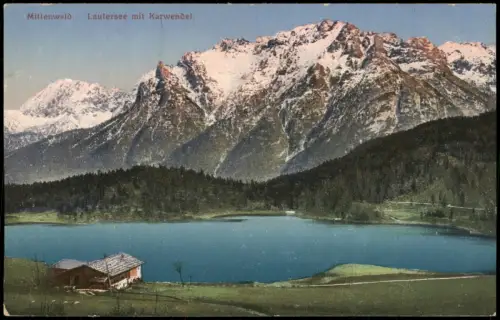 Ansichtskarte Mittenwald Hütte am Lautersee mit Karwendel. 1914