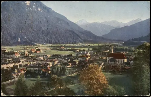 Ansichtskarte Mittenwald Gesamtansicht mit den Tiroler Alpen 1938