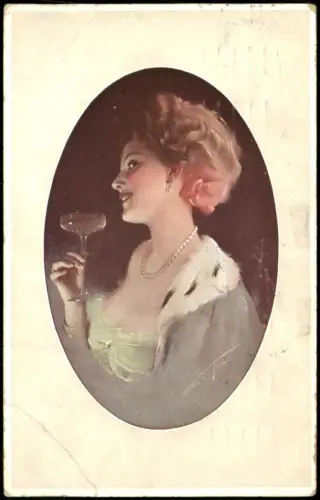 Ansichtskarte  Künstlerkarte elegante Frau im Kleid mit Champanger 1913