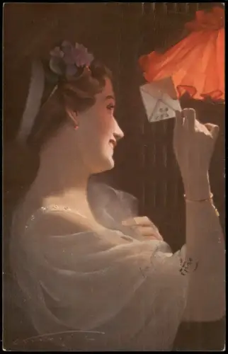 Ansichtskarte  Künstlerkarte schöne Frau im Nachtkleid mit Liebesbrief 1912