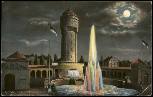 Ansichtskarte Düren Kölnplatz Cölnplatz Leuchtfontaine Mondschein 1914