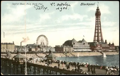 Postcard Blackpool Central Beach from North Pier - Riesenrad 1912