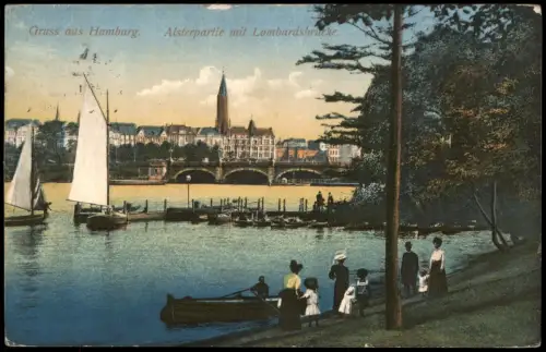 Ansichtskarte Hamburg Alsterpartie mit Lombardsbrucke. Spaziergänger 1911