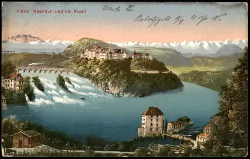 Ansichtskarte Neuhausen am Rheinfall Rheinfall Künstlerkarte 1915  gel. Bahnpoststempel