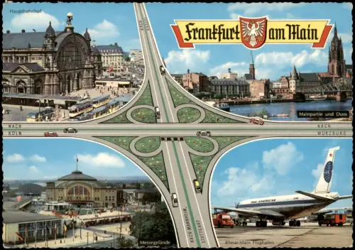Ansichtskarte Frankfurt am Main Messe Bahnhof Autobahn Frankfurter Kreuz 1964