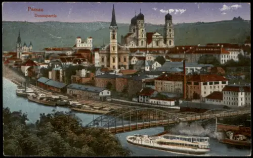 Ansichtskarte Passau Donaupartie Brücke Schiffe 1914