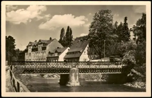 Ansichtskarte Olbernhau Partie an der Flöha mit Kegelbrücke - Fotokarte 1956