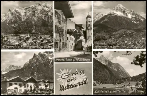 Ansichtskarte Mittenwald Mehrbildkarte mit 5 Foto-Ortsansichten 1953