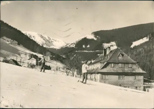 Postcard Petzer Pec pod Sněžkou Hütten im Winter 1965