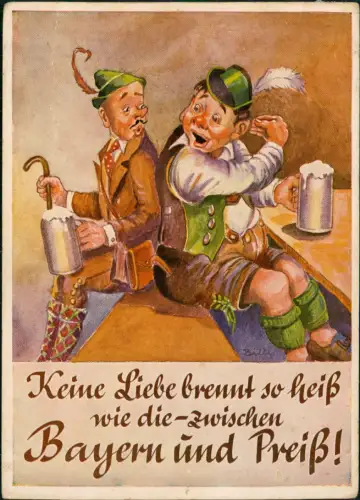 Scherzkarte Bier Keine Liebe brennt so heiß... zwischen Bayern und Preiß! 1965