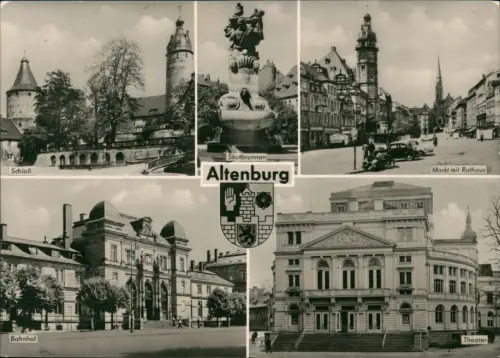 Altenburg DDR Mehrbild-AK mit Skatbrunnen, Schloss, Bahnhof, Theater 1966
