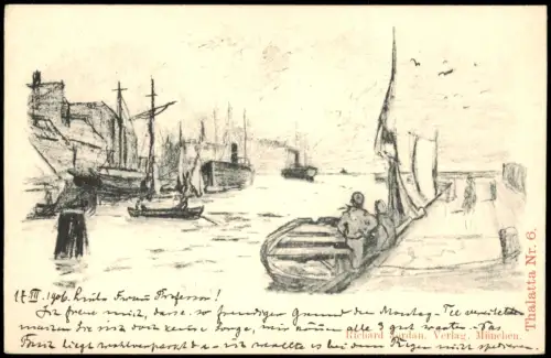 Ansichtskarte  Hafen Schiffe Künstlerkarte Thalatta 1918