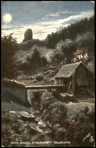 Rathewalde Amselgrund bei Mondschein Talwächter Künstlerkarte 1912
