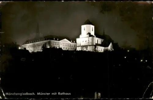 Ansichtskarte Mönchengladbach Münster mit Rathaus Beleuchtung bei Nacht 1965