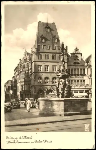 Ansichtskarte Trier Hauptmarkt Autos 1940  gel. roter Feldpoststempel WK2